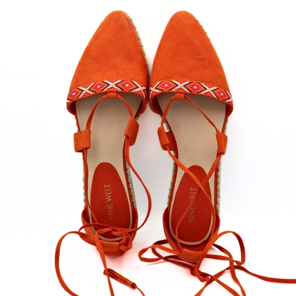 Nine West Espadrille Flats 9.5 Orange Boho Lace Up Tassel Summer Casual Shoes - Picture 6 of 13